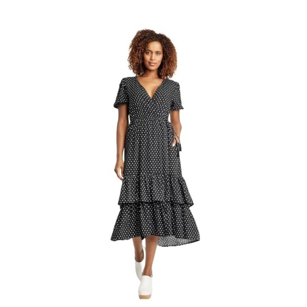 Knox Rose Maxi Wrap Dress Size 2X Black White Polka Dot Squares Tiered Rayon